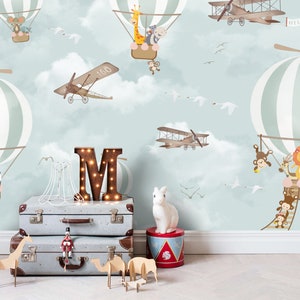 3D Hot Air Balloon Wallpaper, Airplane Wall Mural, Cartoon Animal Wall Decor, Kids Wall Art, Peel and Stick, Removable Wallpaper