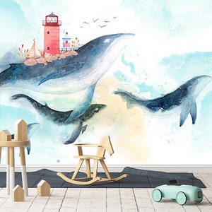 3D dolfijnen behang, zee muur muurschildering, cartoon muur decor, kunst aan de muur kinderen, Peel en Stick, verwisselbaar behang, muur sticker