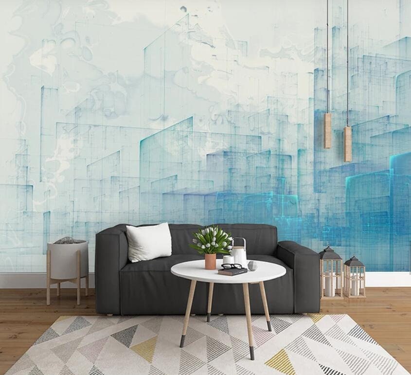 3D Blue-tones Watercolor Self-adhesive Removable Wallpaper Room Wall Mural
