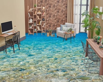 3D Cobblestone Blue Sea Vinyl Floor Mural, Self-Adhesive