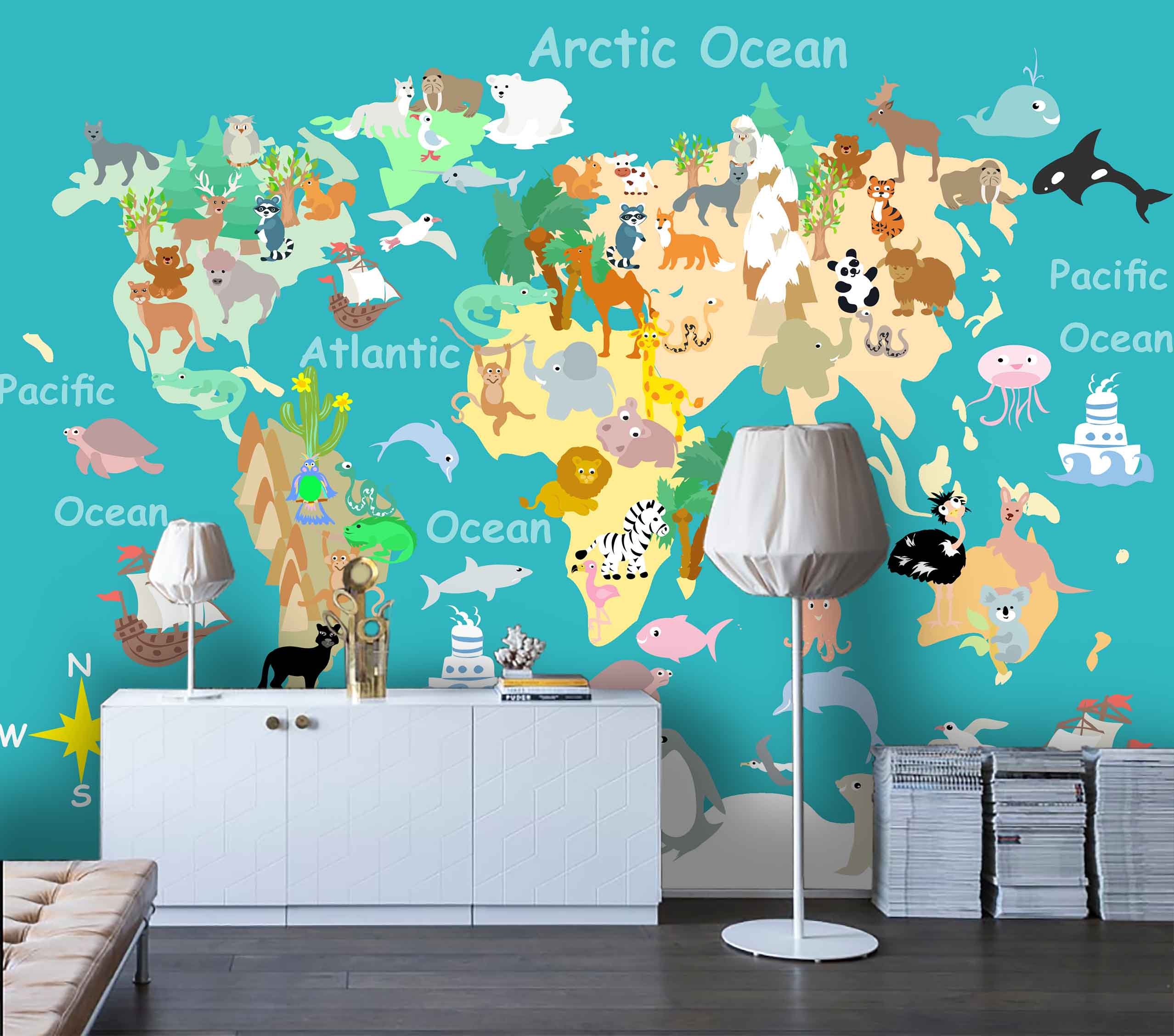 3D World Map Wallpaper Animal Wall Mural Cartoon Wall Decor Etsy