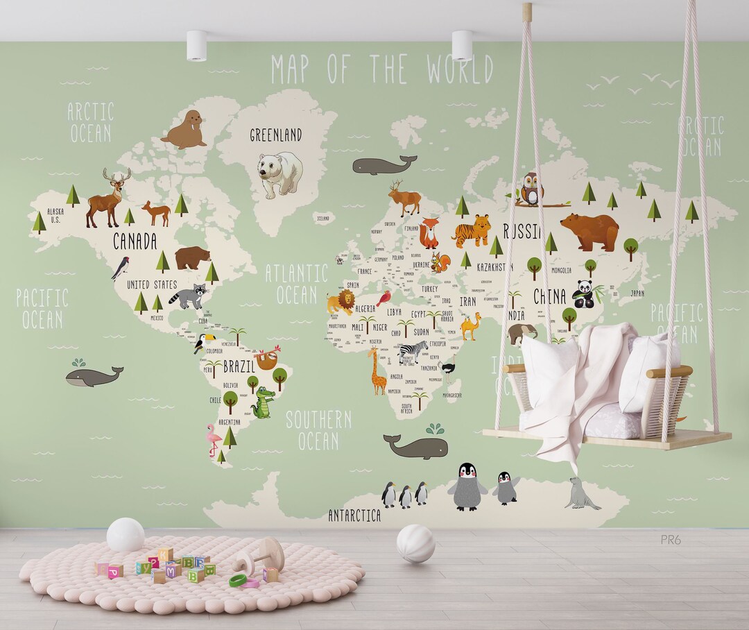 Green World Map Animal Kids Peel and Stick Wallpaper Mural - Etsy