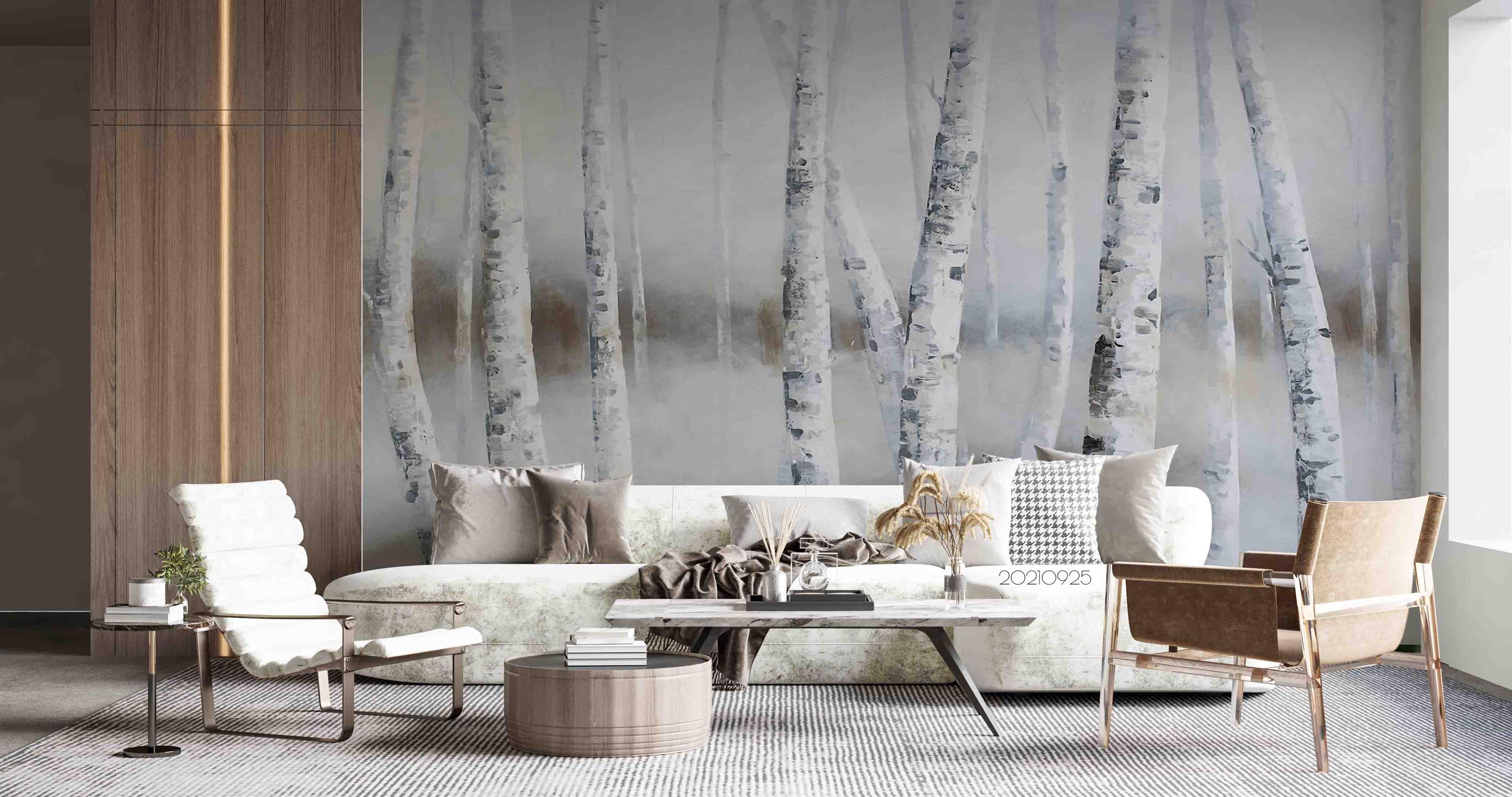 Birch Forest Wall Mural – Hand Drawn Landscape, Peel and Stick ...