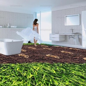 Può includere: Un bagno con una vasca bianca freestanding, un mobile lavabo a parete con specchio e un murale sul pavimento che raffigura la transizione dall'erba verde alla terra scura con impronte che attraversano la stanza.