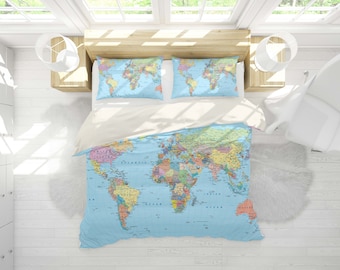3D World Map Duvet Cover Set, Microfiber Queen/King Bedding