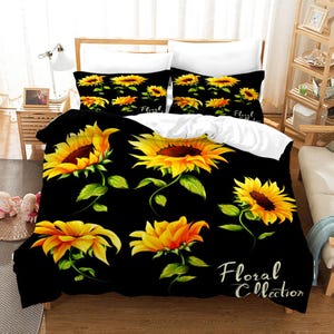 Juego de fundas de edredón con girasoles en 3D, funda de edredón con estampado floral, juego de cama negro, funda de edredón amarilla, ropa de cama con dos camas individuales y ropa de cama negra