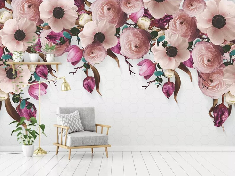 3D Floral Wallpaper Pink Wall Mural Watercolor Wall Decor - Etsy Australia