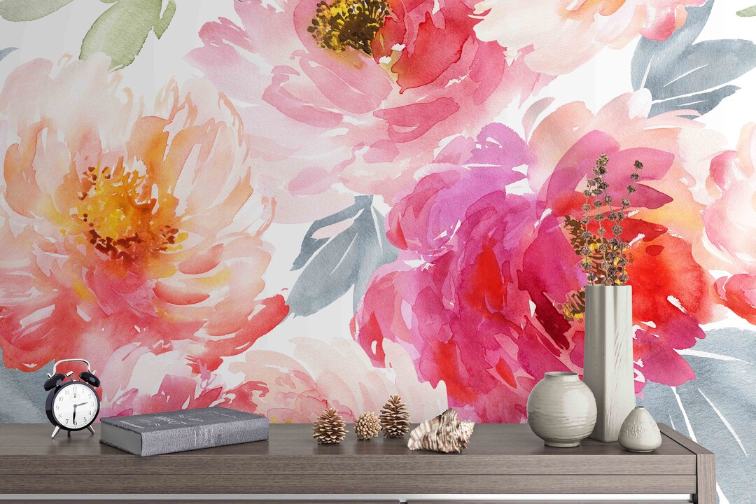 3D Peony Wallpaper, Floral Wall Mural, Watercolor Wall Decor, Painting ...