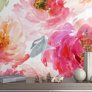 3D Peony Wallpaper, Floral Wall Mural, Watercolor Wall Decor, Painting Wall Art, Peel and Stick, Removable Wallpaper, Wall Sticker