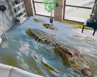 3D Crocodile Vinyl Floor Mural, Sea Animal Art