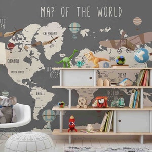 3D Cartoon World Map Airplane Hot Air Balloon Kids Wallpaper Removable Wallpaper-Peel and stick Wall Mural,Playroom Wallpaper Wall deco,r