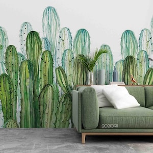 Carta da parati murale con piante – Carta da parati 3D con cactus fresco disegnato a mano, carta da parati staccabile e adesiva, arte murale per soggiorno, camera da letto, ufficio