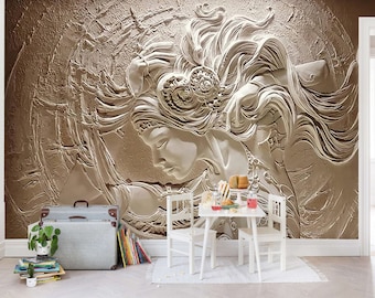 May include: A 3D wall mural featuring a white bas-relief sculpture of a woman with flowing hair. The sculpture is set against a textured beige background.
