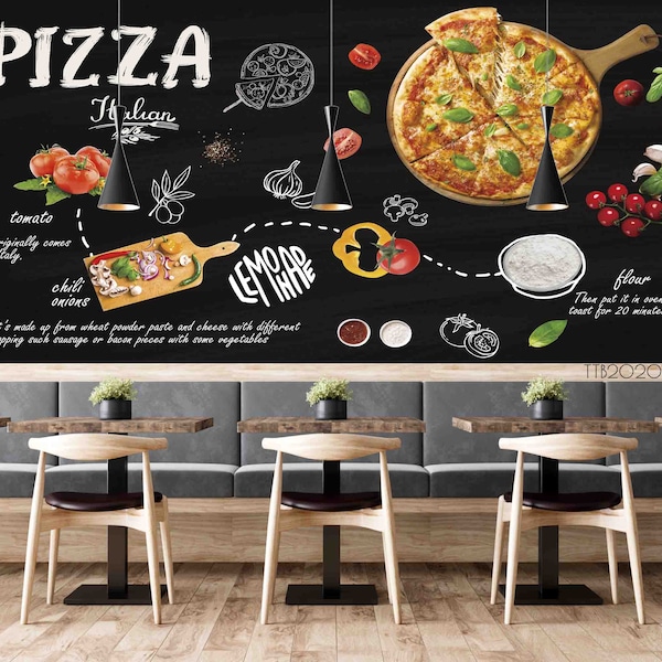 3D Blackboard Food Pizza Letter Wallpaper Removable Wallpaper-Peel and stick Wall Mural,Playroom Wallpaper Wall deco,r