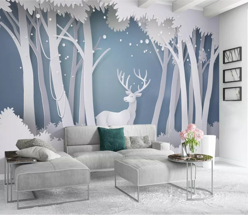 3D Forest Wallpaper Elk Wall Mural Snow Wall Decor Modern Etsy