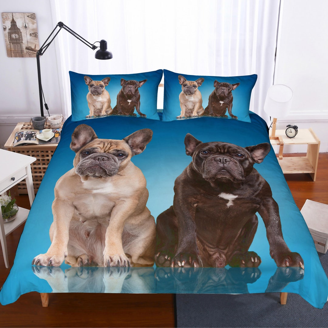 3D French Bulldog Duvet Covers Set, Cartoon Quilt Cover, Blue Bedding