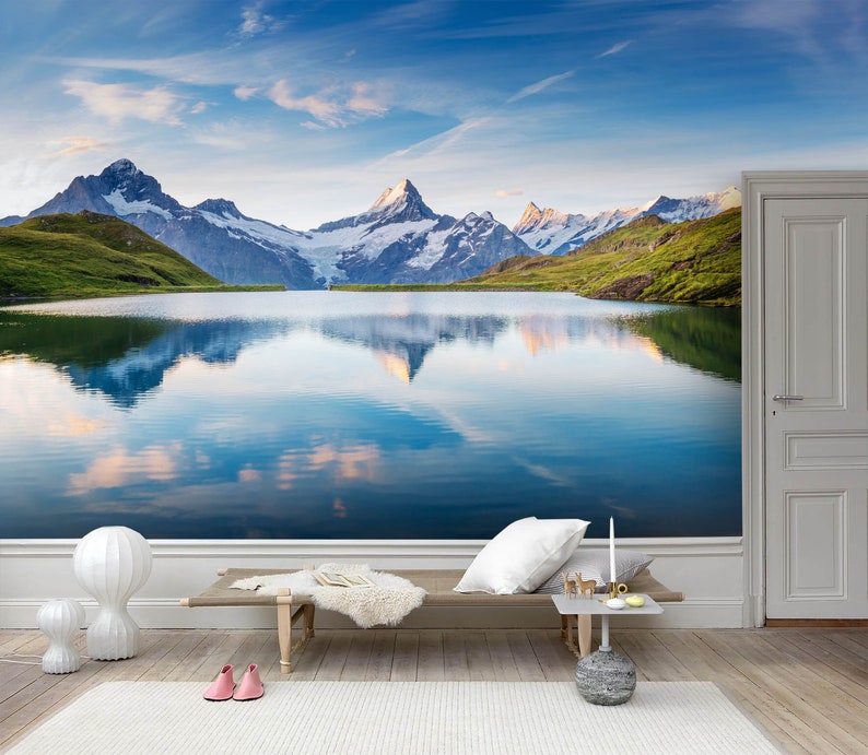 3D Calm lake Removable Self Adhesive Wallpaper Wall Mural,Vintage art,Peel and Stick Mountain scenery Wallpaper