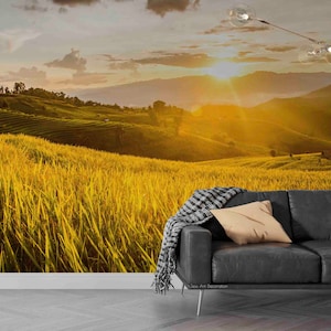 3D Mountian Wallpaper, Sunrise Wall Mural, Wheat Field Wall Decor, Landscape Wall Art, Peel and Stick, Removable Wallpaper, Wall Sticker