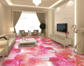 3D Petal Pearl Teardrop Floral Design Vinyl Floor Mural, Self-Adhesive Art