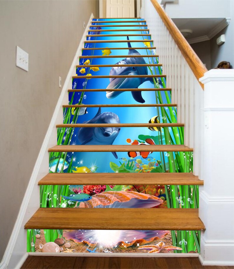 3D Seabed   Dolphin  Stair Sticker Stair Risers PVC Sticker image 0