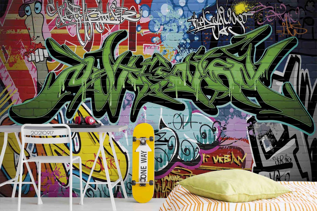 Colorful Graffiti Brick Wall Mural – Peel and Stick Wallpaper - Etsy