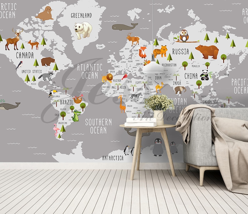 3D World Map Wallpaper Animal Wall Mural Cartoon Wall Decor Etsy Australia