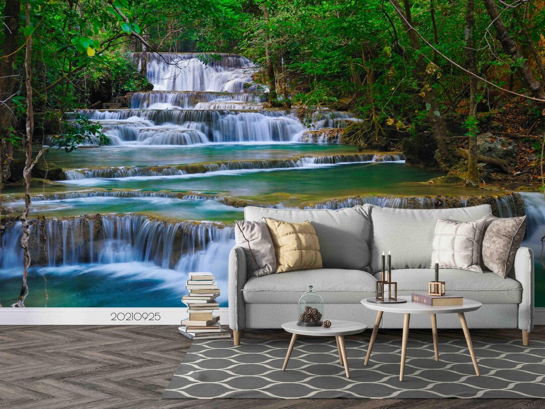 Green Forest Waterfall Wall Mural – Peel and Stick Wallpaper - Etsy
