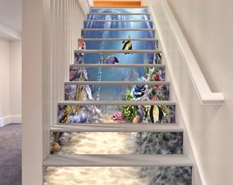 3D Seabed Fish Stair Riser Stickers, Removable PVC Mural