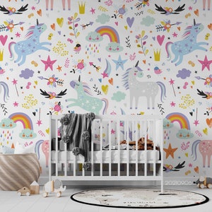 Papel pintado 3D de dibujos animados de animales, unicornio, arcoíris, Floral, estrella, papel tapiz extraíble, Mural de pared para pelar y pegar, papel tapiz para sala de juegos, decoración de pared, r