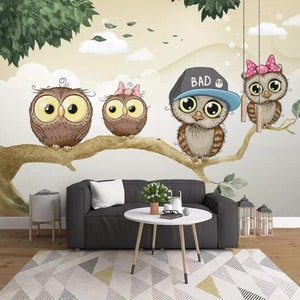 Papel pintado de búho 3D, mural de pared de dibujos animados, decoración de pared de animales, arte de pared para niños, pelar y pegar, papel pintado extraíble, pegatina de pared