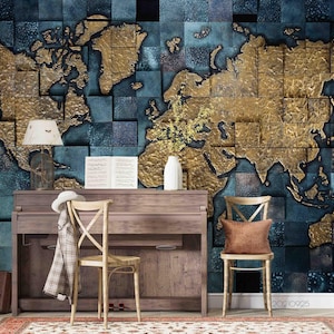 Papier peint carte du monde - Papier peint 3D rétro bleu or, papier peint autocollant, oeuvre d'art murale pour salon, chambre à coucher, bureau