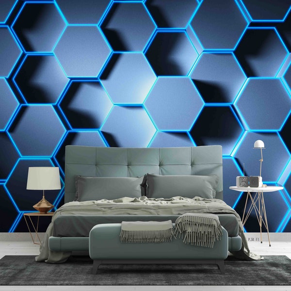 3D Geometric Hexagon Line Blue Wallpaper Removable Wallpaper-Peel and stick Wall Mural,Playroom Wallpaper Wall deco,r