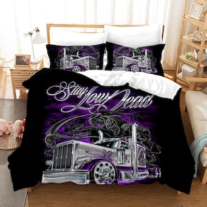 Juego de fundas de edredón con diseño de camión en 3D, funda de edredón con calaveras, juego de cama de noche, funda de edredón con letras, ropa de cama individual en color morado, ropa de cama negra