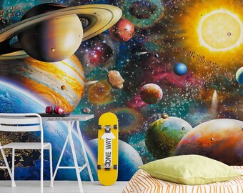 3D Solar System Wallpaper, Peel and Stick Wall Mural, Playroom Wall Decor