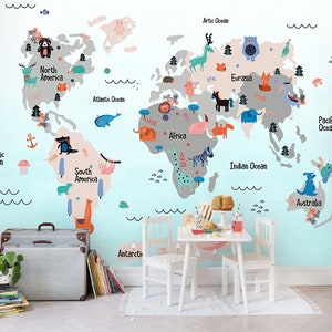 3D-Weltkarten-Tapete, Kinder-Wandbild, Tiere-Wanddekoration, blaue Wandkunst, abziehen und aufkleben, abnehmbare Tapete, Wandaufkleber