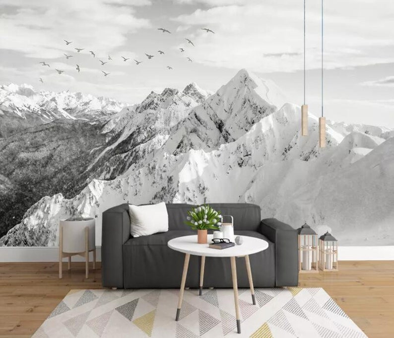 3D Snow Mountain Wallpaper Bird Wall Mural Cloudy Wall Etsy Australia