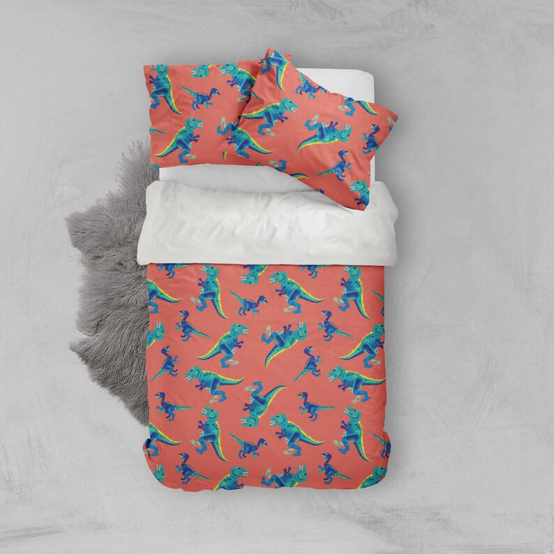 3D Dinosaur Duvet Covers Set, Blue Quilt Cover, Orange Bedding Set