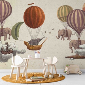 3D Cartoon Hot Air Balloon Elephant Bird Boat Retro Wallpaper Removable Wallpaper-Peel and stick Wall Mural,Playroom Wallpaper Wall deco,r