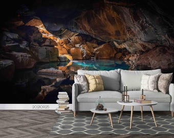3D Rock Cave Lake Wallpaper Mural – Peel and Stick, Custom Size