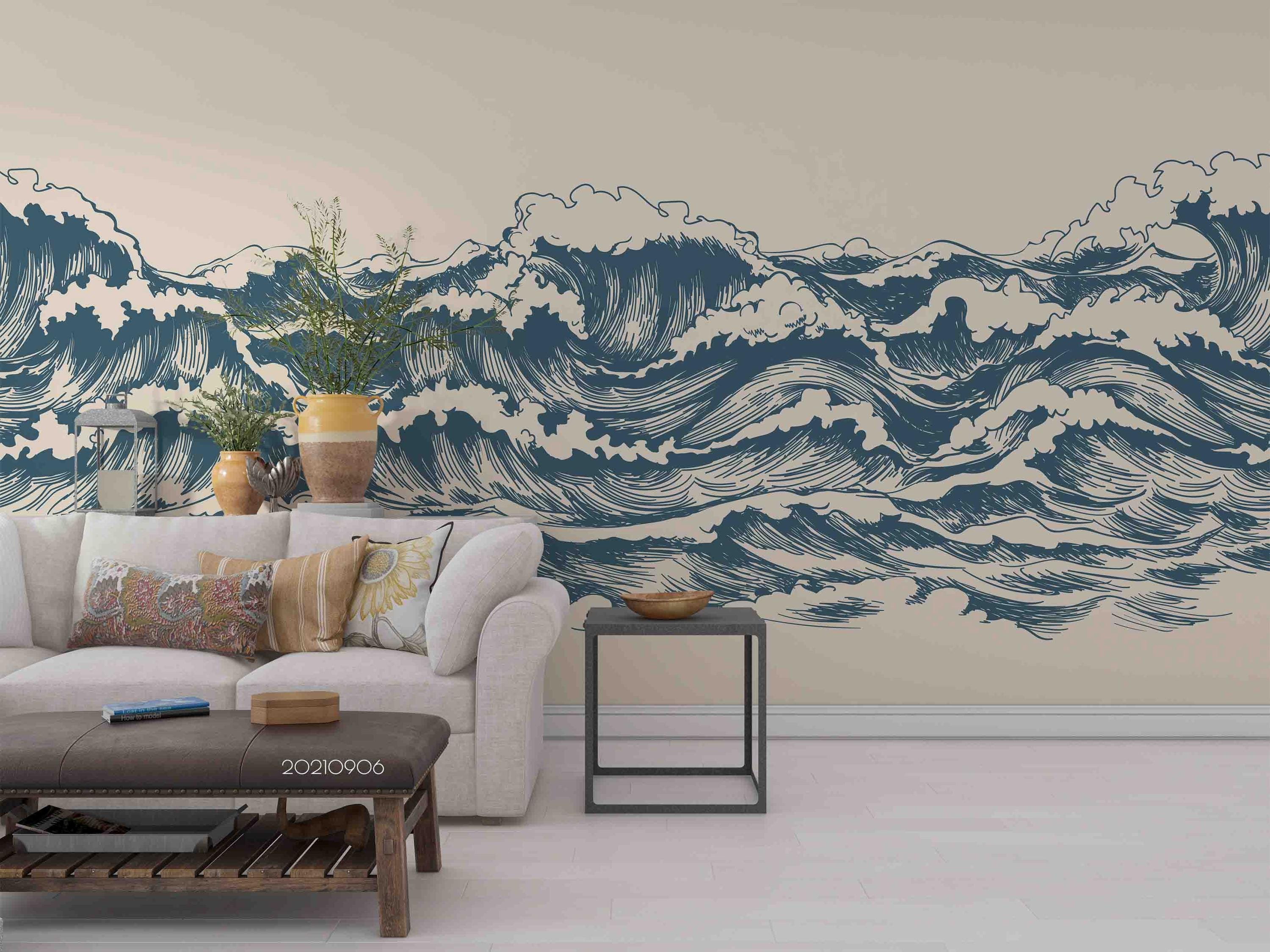 Sea Waves Wall Mural – Hand Drawn Ocean Wallpaper, Peel and Stick - Etsy
