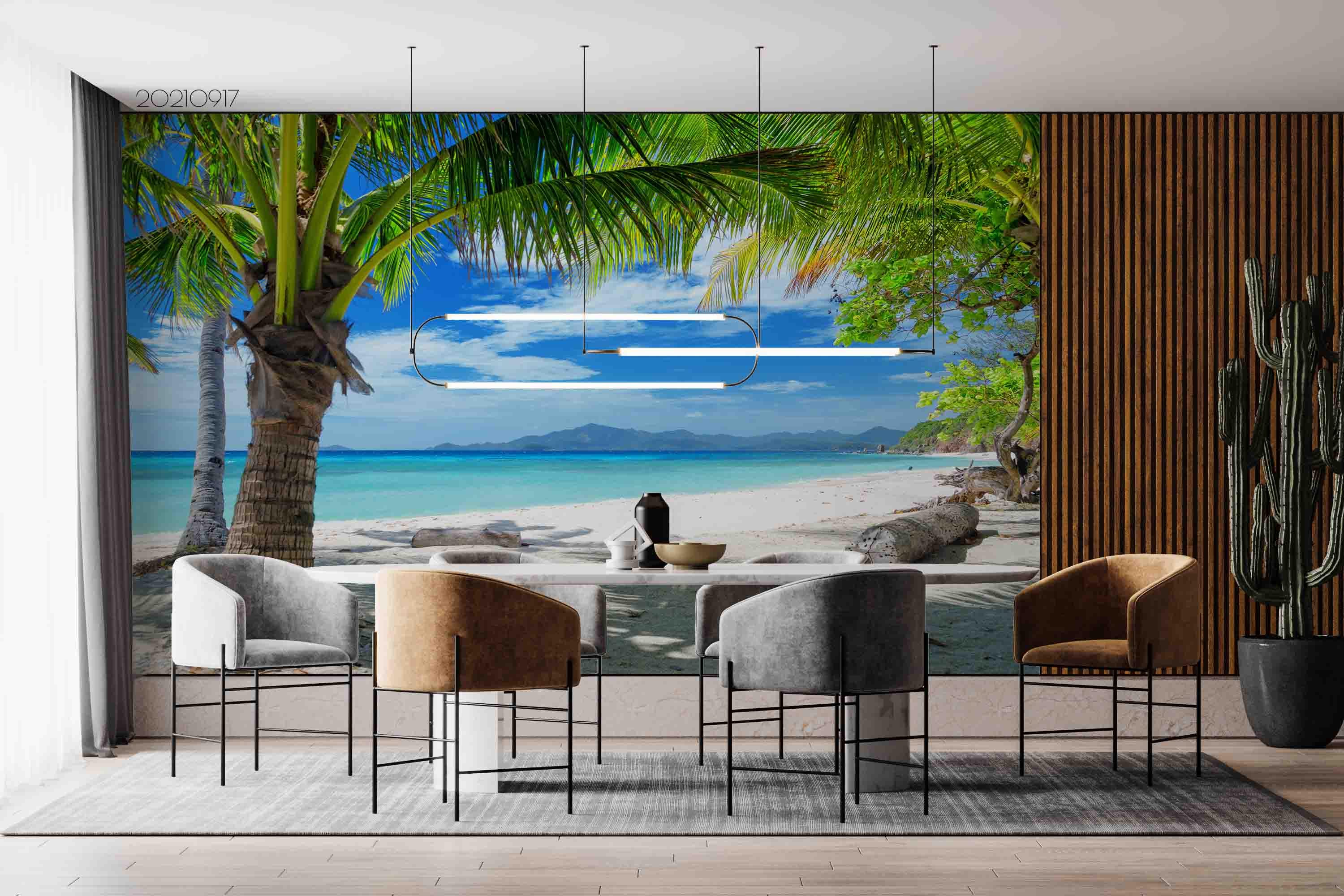 Tropical Beach Wallpaper Mural – 3D Palm Tree Seascape, Peel and Stick ...