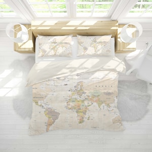 Detailierter Bettbezug, 3D Weltkarte, Bettwäscheset in warmen Farben, alter Doona Bezug, klassische Queensize-Bettwäsche, Karte Kingsize-Bettwäsche