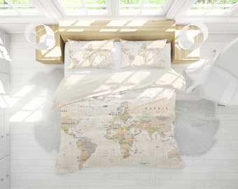 Detailierter Bettbezug, 3D Weltkarte, Bettwäscheset in warmen Farben, alter Doona Bezug, klassische Queensize-Bettwäsche, Karte Kingsize-Bettwäsche