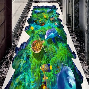 3D Underwater World Seaweed Dolphin Turtle Vinyl Floor Mural, Self-Adhesive Art