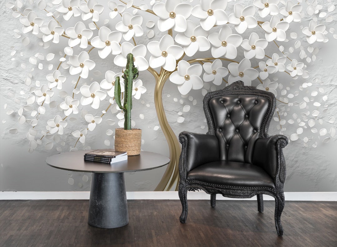 3D Embossed Wallpaper, Floral Wall Mural, Pearl Wall Decor, White Wall