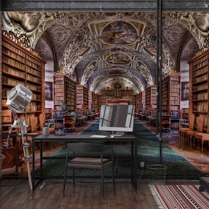 May include: A vintage-style wallpaper mural depicting a grand library with high ceilings, ornate details, and rows of bookshelves filled with books. The wallpaper mural is ideal for creating a sophisticated and elegant atmosphere in any room.