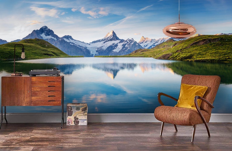 3D Calm lake Removable Self Adhesive Wallpaper Wall Mural,Vintage art,Peel and Stick Mountain scenery Wallpaper