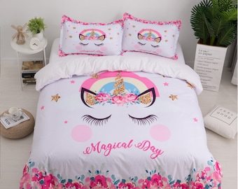 3D Unicorn Duvet Covers Set, Cartoon Quilt Cover, Pink Bedding Set