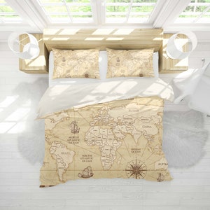 Ensemble housse de couette carte du monde 3D, housse de couette beige, ensemble de literie parchemin, housse doona boussole, literie queen, literie king