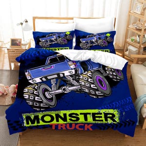 Juego de fundas de edredón con diseño de camión en 3D, funda de edredón de monstruo, juego de cama con dibujos animados, funda de edredón azul, ropa de cama con letras, ropa de cama verde